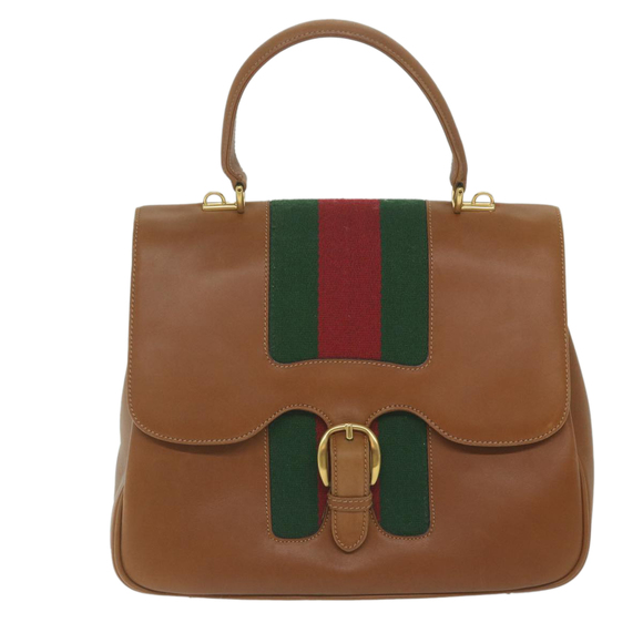 GUCCI Web Sherry Line Hand Bag Leather 2way Brown Red Green Auth 62520 - Picture 2 of 16